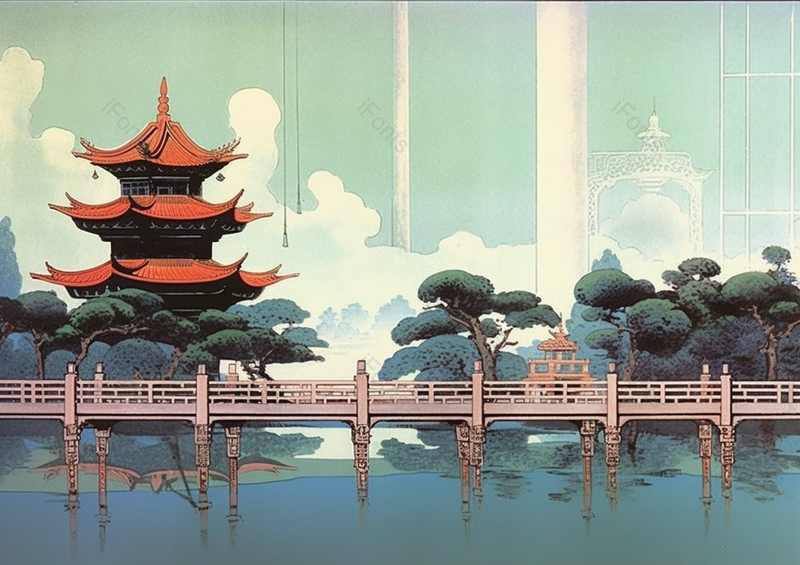 仿古屋顶国风亭子国湖桥水面平静倒影蓝色天空背景,插画/手绘图,插画/手绘图库,插画/手绘图下载,插画/手绘